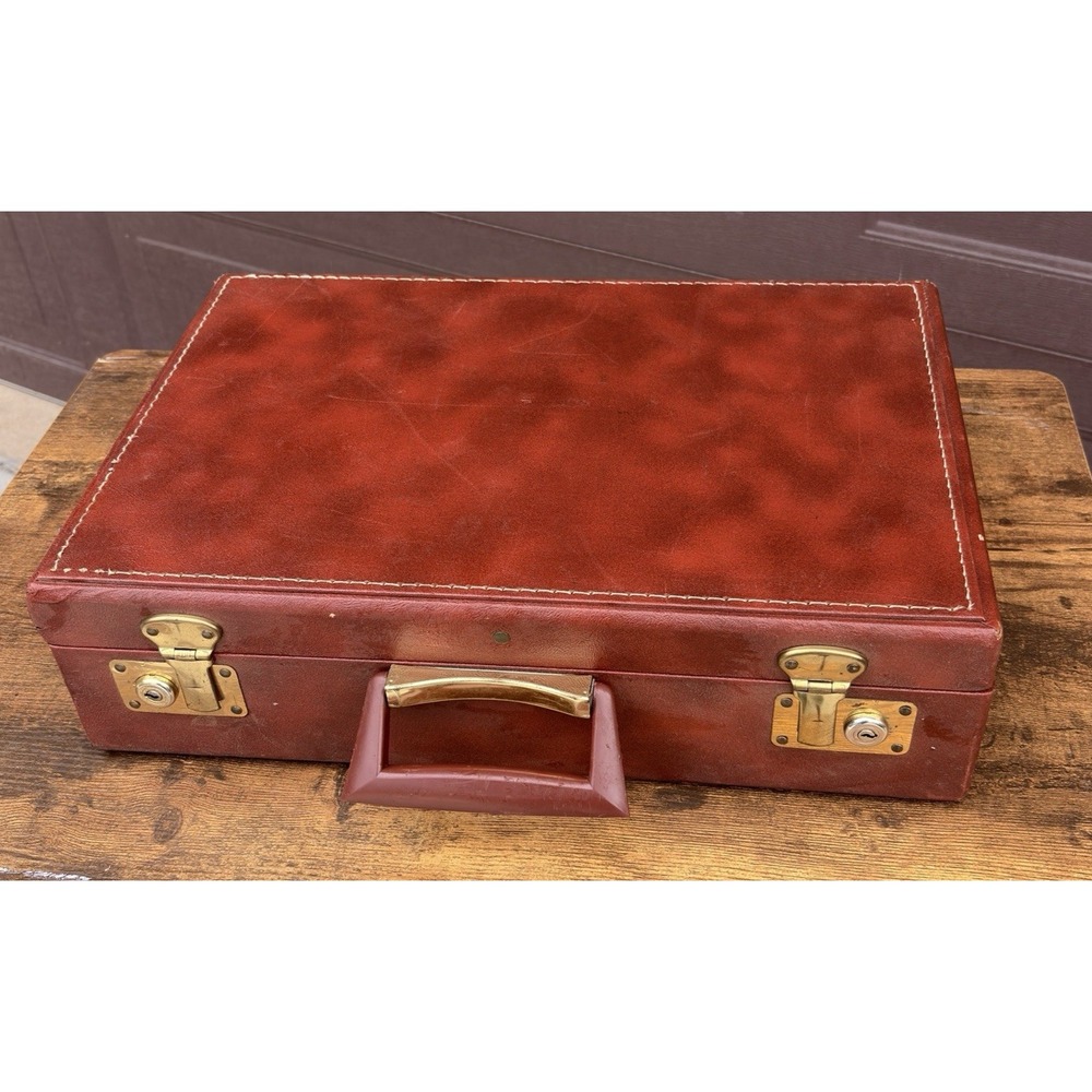 Vintage Brown Hard Shell Attache Briefcase Accordion File Brass Hardware SR-462